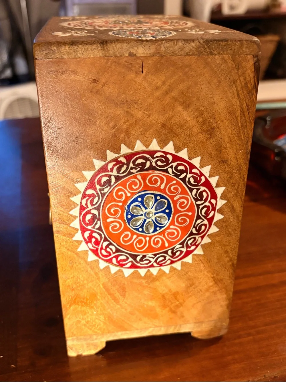 Unique, free-spirited, boho, vintage feel decor, storage box.